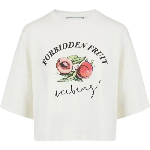 Kurzärmeliges weißes cropped T-Shirt mit Forbidden Fruit Print , Damen, Größe: XS - Iceberg - Modalova
