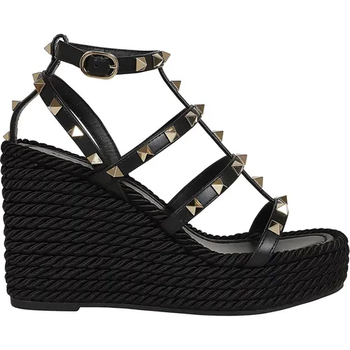 Wedges, female, , Size: 9 US Rockstud Torchon Wedge Espadrilles - Valentino Garavani - Modalova