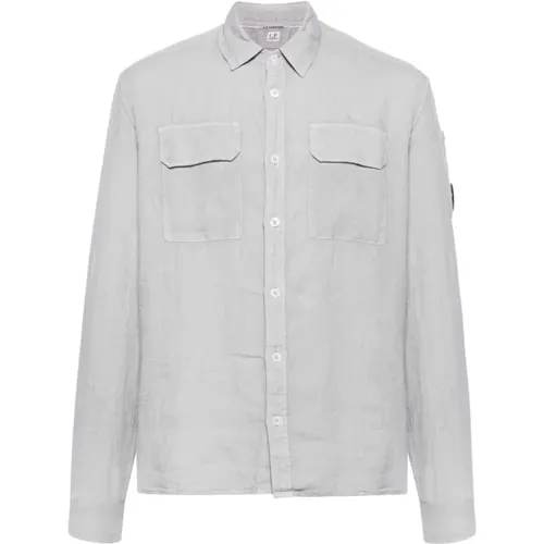 Lens-detail grey linen shirt , male, Sizes: XL - C.P. Company - Modalova