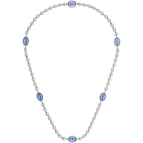 Necklaces, female, , Size: ONE SIZE Necklace in sterling silver and blue enamel with Interlocking G details - Gucci - Modalova