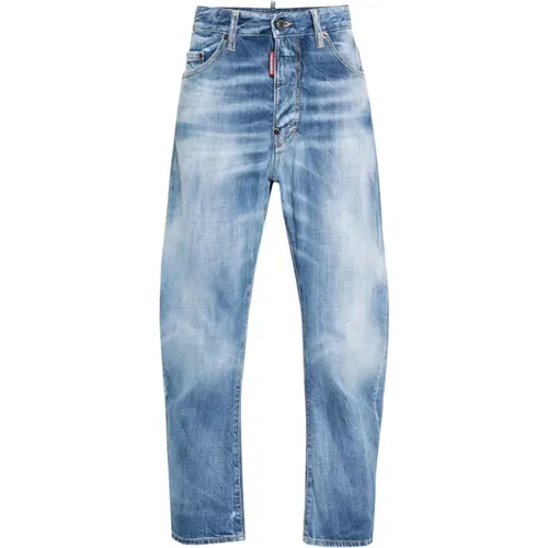 Straight Jeans, male, , Size: M Stonewashed Denim Jeans with Whiskering - Dsquared2 - Modalova