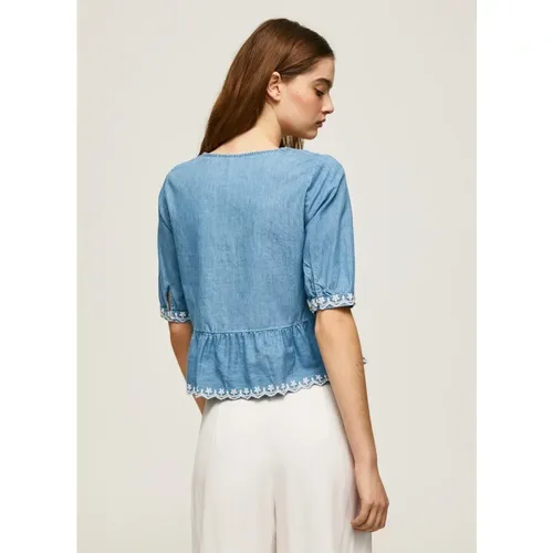 Denim V-Ausschnitt Bluse mit Bestickten Details - Pepe Jeans - Modalova