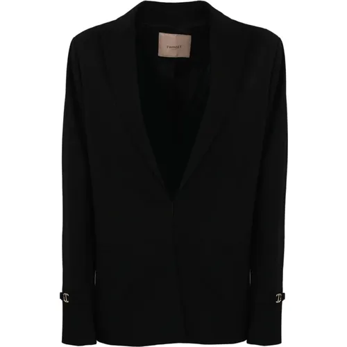 Schwarzer Viskose-Blazer Langarm,Schwarzer Blazer mit Metall-T-Detail - Twinset - Modalova