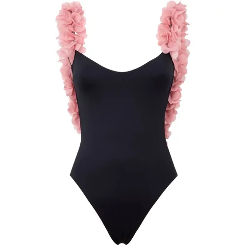 Schwarzer Badeanzug mit Pinken Blumen , Damen, Größe: M - La Revêche - Modalova