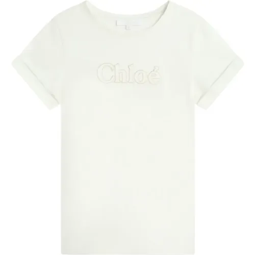 Cremefarbenes Kinder-T-Shirt mit Besticktem Logo - Chloé - Modalova