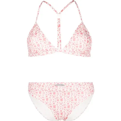 Rosa Bikini mit überkreuztem Rücken und weißem Logo-Print , Damen, Größe: XS - Moncler - Modalova