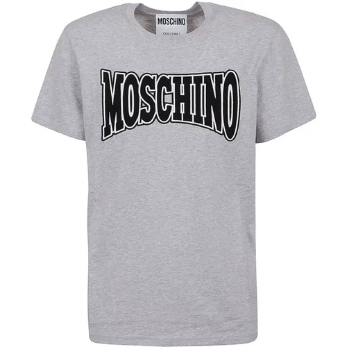 T-Shirts, male, , Size: M Grey Embroidered Logo T-Shirt - Moschino - Modalova