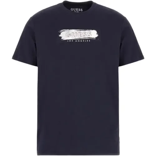 Logo Relief Baumwoll T-Shirt - Blau , Herren, Größe: M - Guess - Modalova