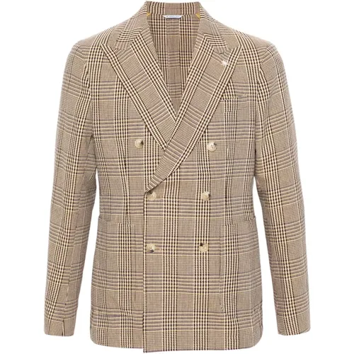 Double-breasted checkered blazer in /brown/yellow , male, Sizes: L, M - Manuel Ritz - Modalova