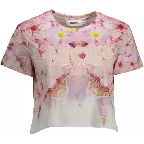 T-Shirts, female, , Size: L Chic Pink Embroidered Cotton T-Shirt - Desigual - Modalova