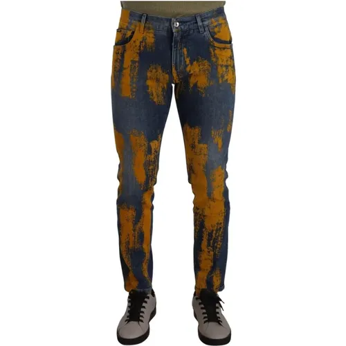 Skinny Jeans, male, , Size: M Blue Yellow Dye Cotton Skinny Men Denim Jeans - Dolce & Gabbana - Modalova