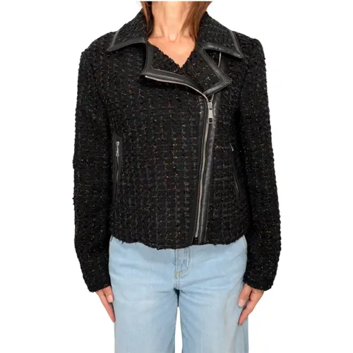 Tweed Lurex Leather Trim Jacket , female, Sizes: M, L - Hugo Boss - Modalova