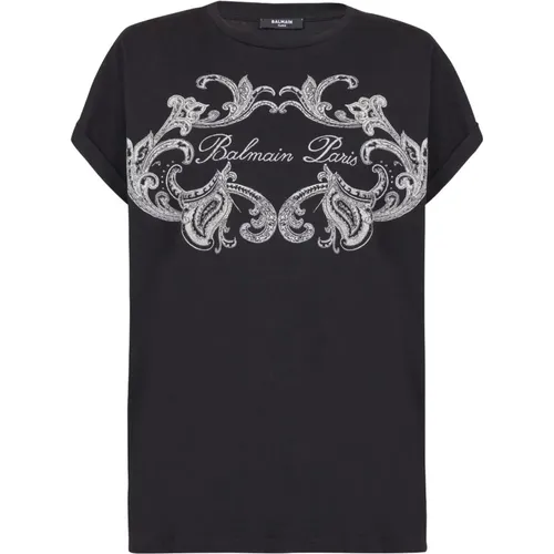 Schwarze Paisley Print T-shirts und Polos,Signature T-Shirt mit Paisley - Balmain - Modalova