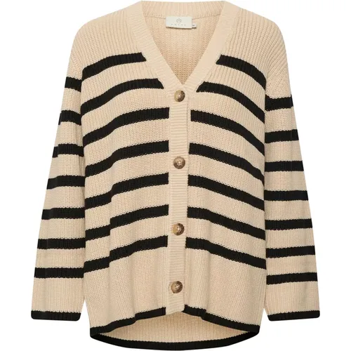 Cardigans, female, , Size: M Striped Knit Cardigan Sand Dollar/Black - Kaffe - Modalova