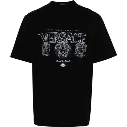 Schwarzes Baumwoll-Jersey Rundhals-T-Shirt , Herren, Größe: M - Versace - Modalova