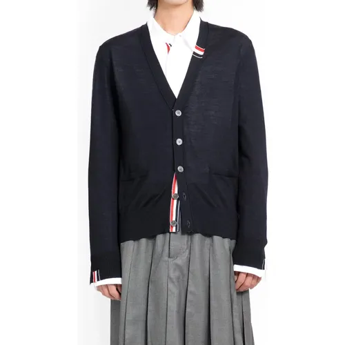 Cardigans, male, , Size: M Navy Jersey Stitch Cardigan with V-Neck - Thom Browne - Modalova