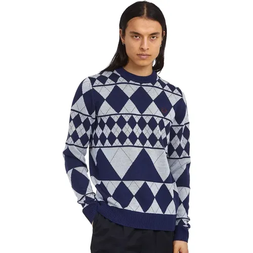 Argyle Rundhals-Pullover mit Einsätzen , Herren, Größe: L - Fred Perry - Modalova