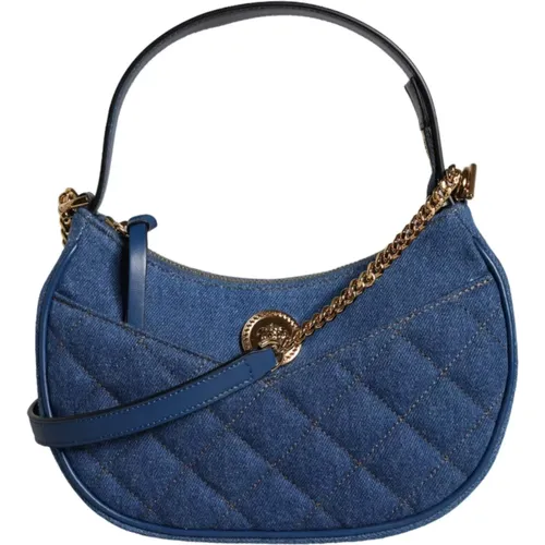 Handbags, female, , Size: ONE SIZE Quilted Denim Leather Shoulder Bag with Crossbody Strap - Versace - Modalova