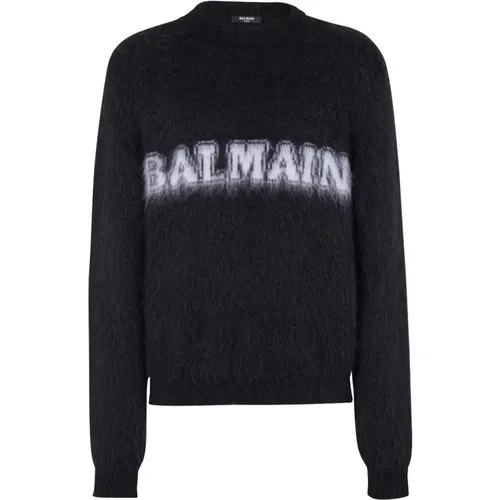 Round-neck Knitwear, male, , Size: S Logo-Print Mohair Jumper - Balmain - Modalova