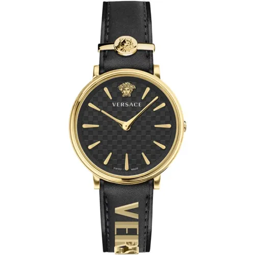 Watches, female, , Size: ONE SIZE V-Circle Leather Watch Gold - Versace - Modalova