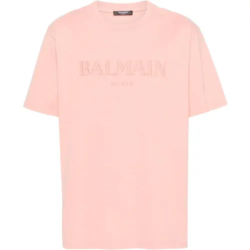 T-Shirts, male, , Size: XL Salmon Logo Embroidered Jersey Tee - Balmain - Modalova