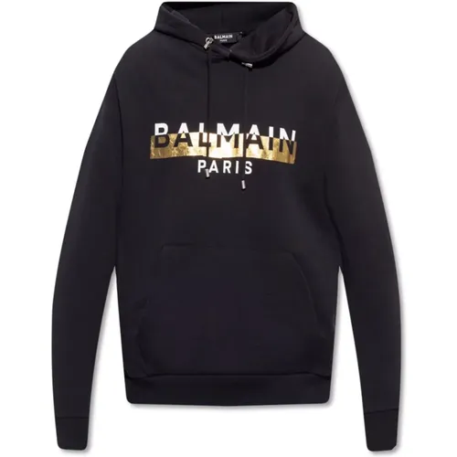 Hoodies, male, , Size: S Logo Hooded Sweatshirt with Gold-tone Print - Balmain - Modalova