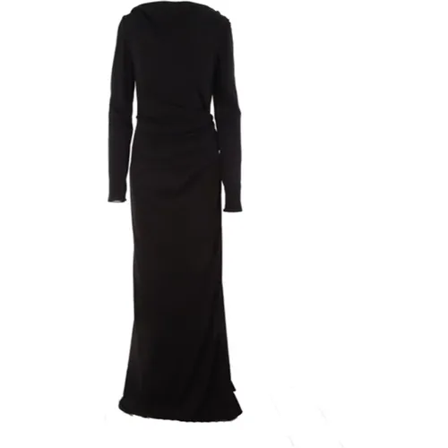 Schwarzes Langes Jersey Sablé Kleid mit Bootsausschnitt und Seitenschlitz - Del Core - Modalova