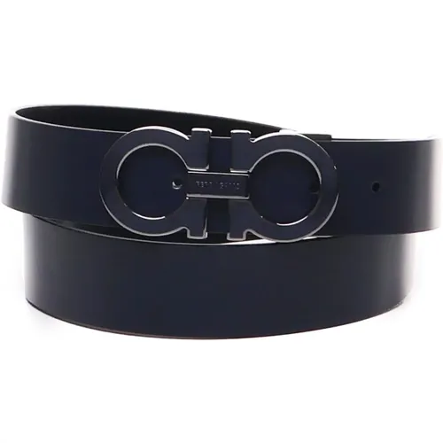 Belts, male, , Size: 105 CM Navy Gancini Iconic Buckle Calfskin Belt - Salvatore Ferragamo - Modalova