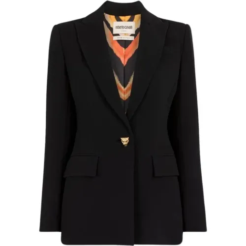 Blazers, female, , Size: 2XS Luxe Single-Breasted Blazer with Panther Button - Roberto Cavalli - Modalova