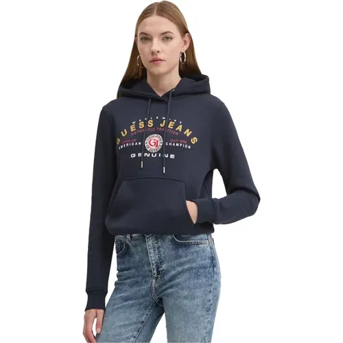 Baumwollkapuzenpullover mit Logodruck , Damen, Größe: L - Guess - Modalova