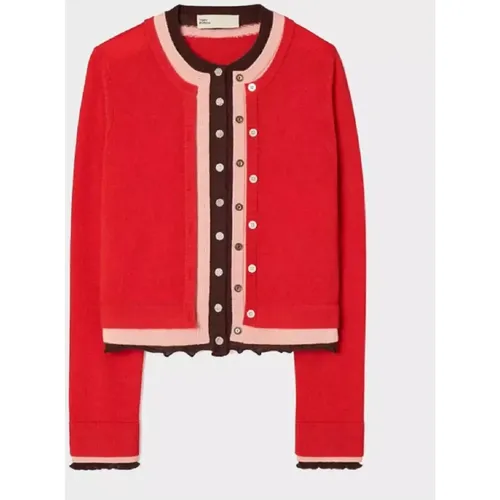 Roter Kaschmir-Cardigan mit Plissierten Manschetten - TORY BURCH - Modalova