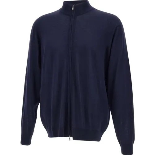 Cardigans, male, , Size: 2XL Merino Wool Sweater, Navy , Full Zip - Filippo De Laurentiis - Modalova