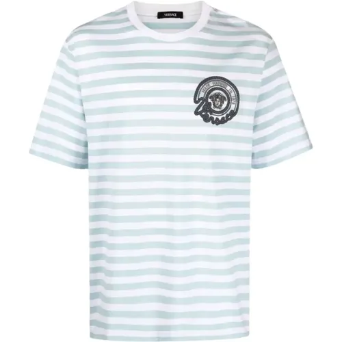 T-Shirts, male, , Size: S Striped Jersey Fabric T-Shirt with Embroidered Nautical Emblem - Versace - Modalova