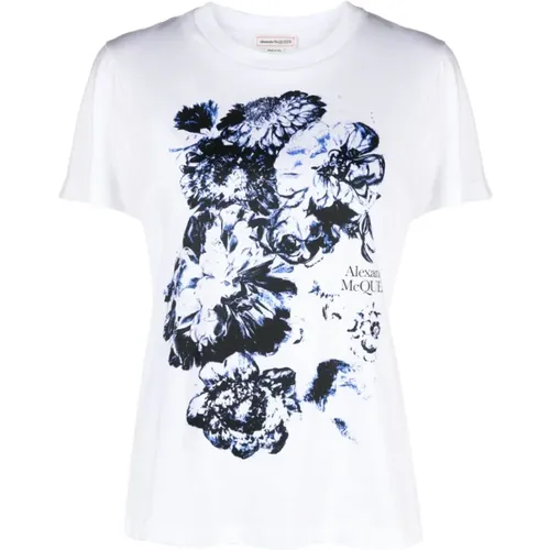 Weißes T-Shirt mit Blumenmuster , Damen, Größe: M - alexander mcqueen - Modalova