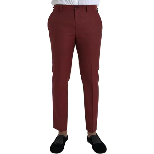 Slim-fit Trousers, male, , Size: M Maroon Slim Fit Wool Dress Pants - Dolce & Gabbana - Modalova