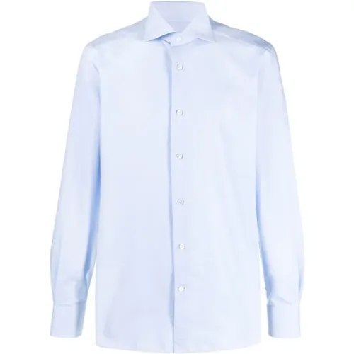 Blaues Baumwoll-Popeline-Hemd mit spitzem Kragen und Knopfverschluss , Herren, Größe: S - Ermenegildo Zegna - Modalova