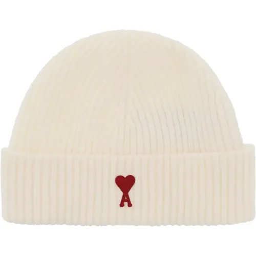 Ribbed Virgin Wool Beanie with Logo Patch , male, Sizes: ONE SIZE - Ami Paris - Modalova