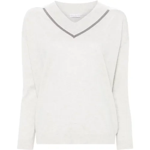 Cashmere V-Neck Sweater with Monili Detail , female, Sizes: M, S, L - BRUNELLO CUCINELLI - Modalova