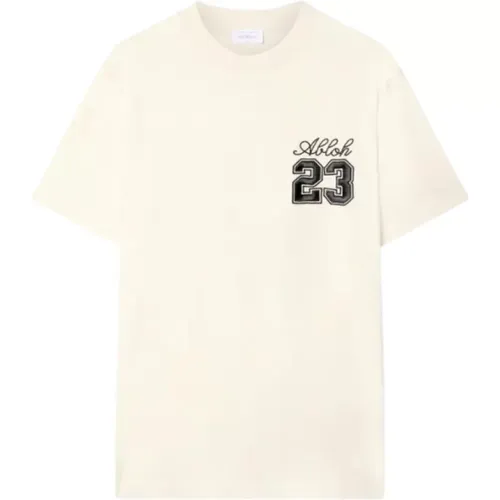 Slim Fit T-Shirt mit Kurzen Ärmeln in Ecru mit 23 Stickerei , Herren, Größe: 3XL - Off White - Modalova
