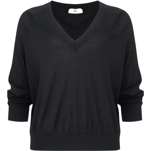 V-neck Knitwear, female, , Size: M Wool Sweater with Logo - Elisabetta Franchi - Modalova