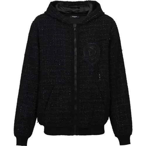 Zip-throughs, male, , Size: L Tweed hooded jacket - Balmain - Modalova