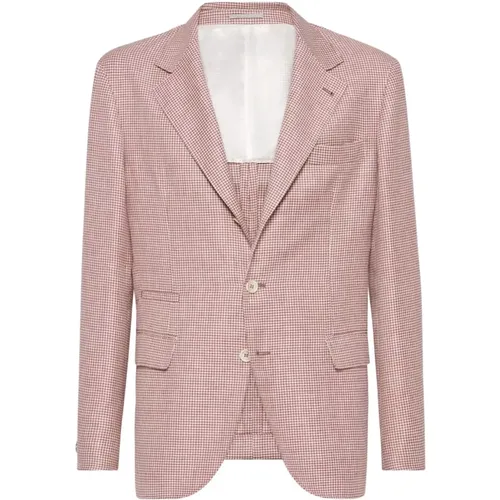 Blazers, male, , Size: M Houndstooth Wool, Linen And Silk Deconstructed Jacket - BRUNELLO CUCINELLI - Modalova