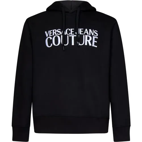 Schwarzer Baumwollhoodie mit weißem Logo - Versace Jeans Couture - Modalova