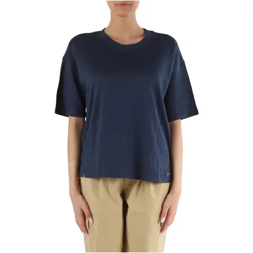 Oversize Linen Logo Embroidered T-shirt , female, Sizes: M, S - Sun68 - Modalova