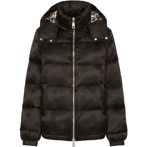 Logo Jacquard Satin Puffer Jacket , female, Sizes: S, XS, 2XS - Dolce & Gabbana - Modalova