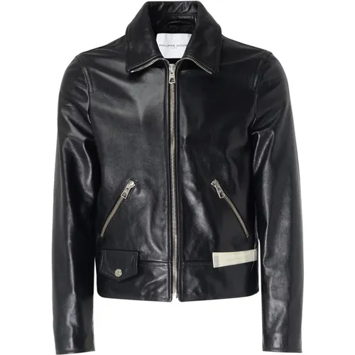 Noir Leather Jacket for Men , male, Sizes: M, L - Philippe Model - Modalova