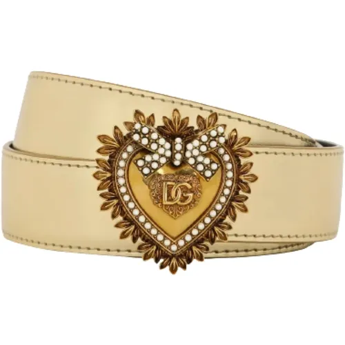 Adjustable Metallic Leather Belt with Golden Heart Buckle , female, Sizes: 80 CM, 85 CM - Dolce & Gabbana - Modalova