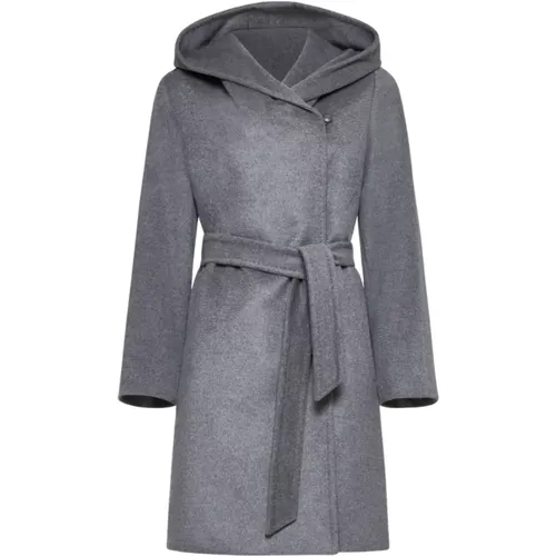 Belted Coats, female, , Size: 2XS Grey Wool Wrap Coat with Hood - Max Mara Studio - Modalova