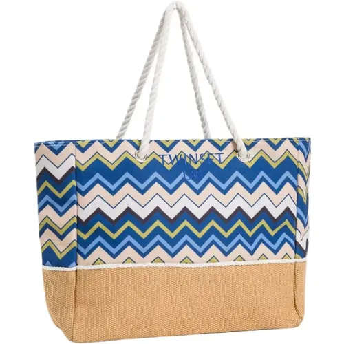 Blau-weiße Canvas Shopper Tasche mit Kontrast-Logo - Twinset - Modalova