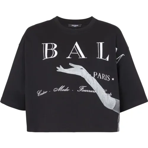 Cropped T-shirt with Jolie Madame print , female, Sizes: M - Balmain - Modalova
